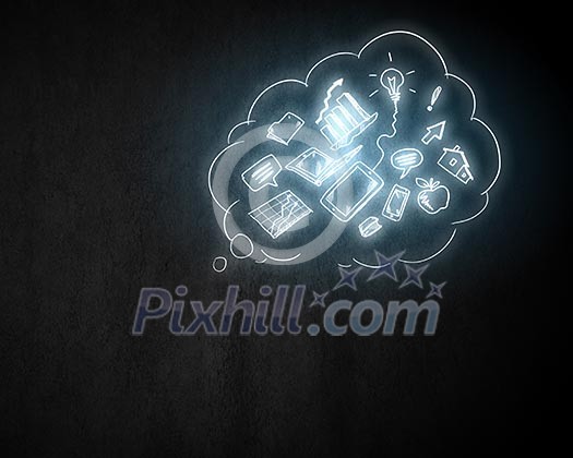 Background image with life concepts on dark wall Background image with life concepts on dark wall