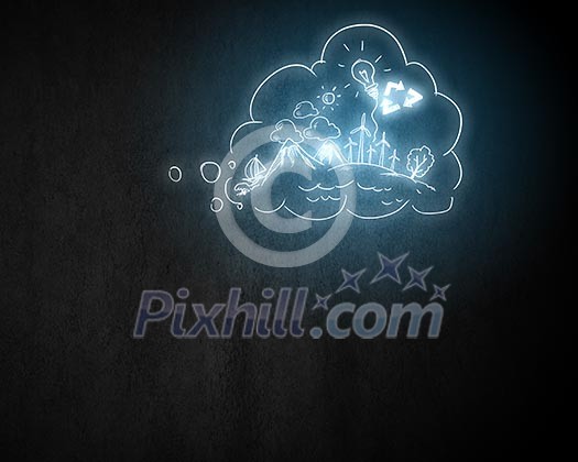Background image with life concepts on dark wall Background image with life concepts on dark wall