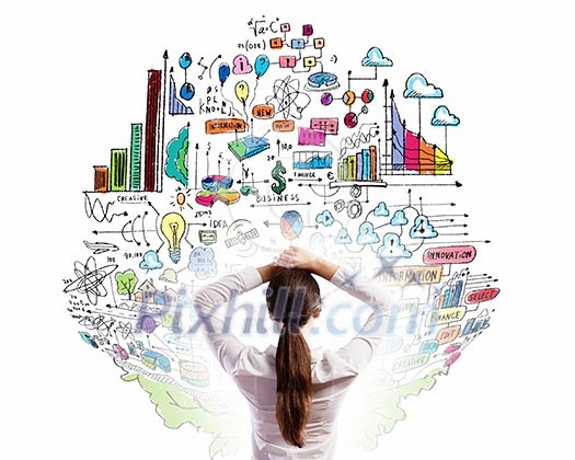Rear view of businesswoman looking thoughtfully at business strategy sketch Rear view of businesswoman looking thoughtfully at business strategy sketch