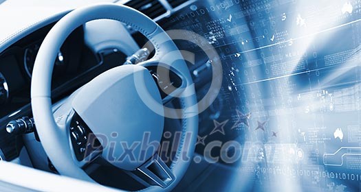 Digital image of car steering wheel with icons