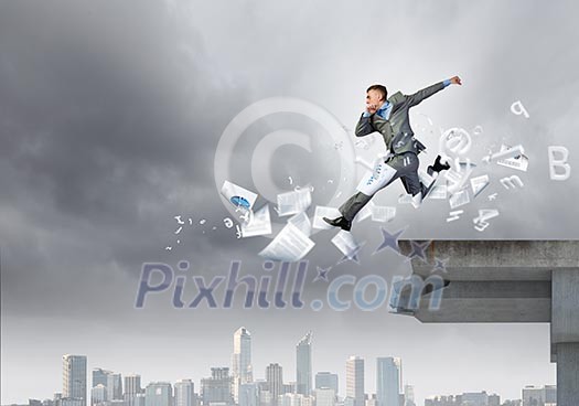 Young businessman jumping over bridge gap. Risking in business Young businessman jumping over bridge gap. Risking in business