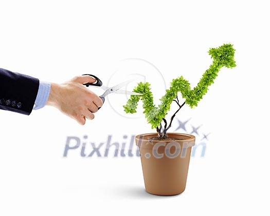 Image of human hand cutting plant in shape of graph Image of human hand cutting plant in shape of graph