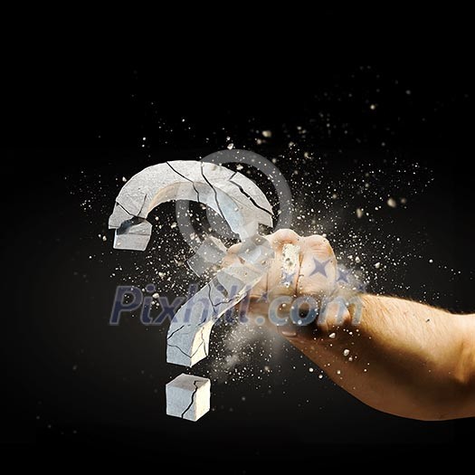 Human hand breaking stone question mark. Problem solving Human hand breaking stone question mark. Problem solving
