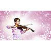 Image of little cute boy playing on violin against color background