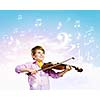 Image of little cute boy playing on violin against color background