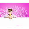 Image of little cute with blank banner against color background