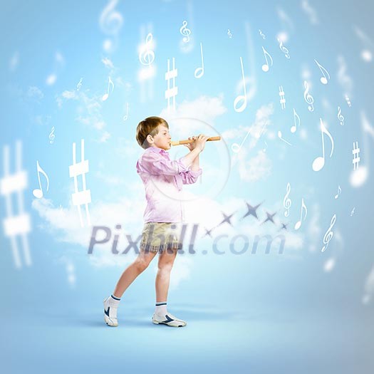 Image of little cute boy playing on flute against cloudy background