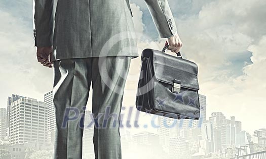 Back view of businessman with suitcase walking on road Back view of businessman with suitcase walking on road