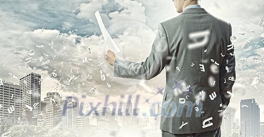 Businessman examining document in hands. Signing contract Businessman examining document in hands. Signing contract