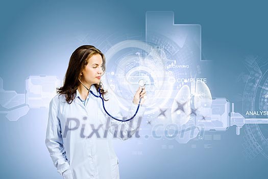 Image of young woman doctor touching icon of media screen Image of young woman doctor touching icon of media screen