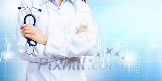Image of doctor holding stethoscope against media background Image of doctor holding stethoscope against media background