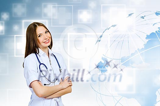 Image of young woman doctor against media background Image of young woman doctor against media background