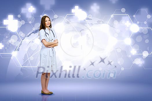 Image of young woman doctor against media background Image of young woman doctor against media background