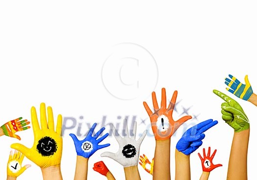 Image of human hands in colorful paint with smiles Image of human hands in colorful paint with smiles