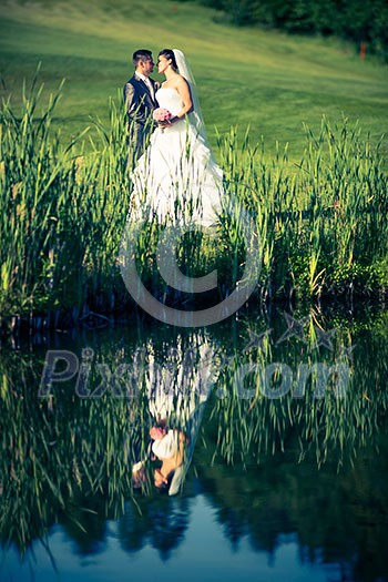 Portrait of a young wedding couple on their wedding day Portrait of a young wedding couple on their wedding day