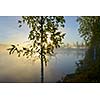 Sunrise over a calm lake on a misty morning