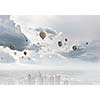 Conceptual image with colorful balloons flying high in sky