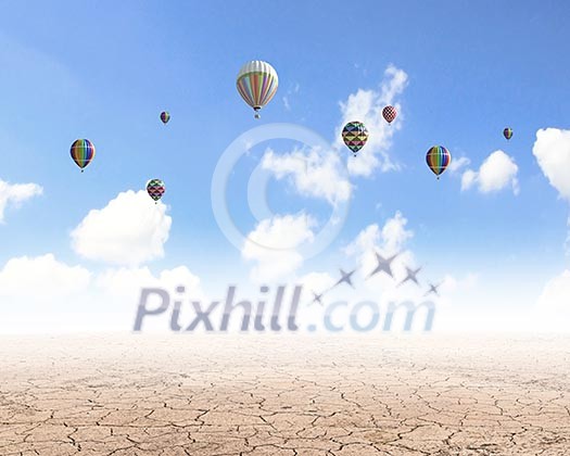 Conceptual image with colorful balloons flying high in sky