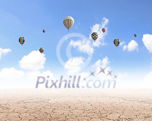 Conceptual image with colorful balloons flying high in sky Conceptual image with colorful balloons flying high in sky