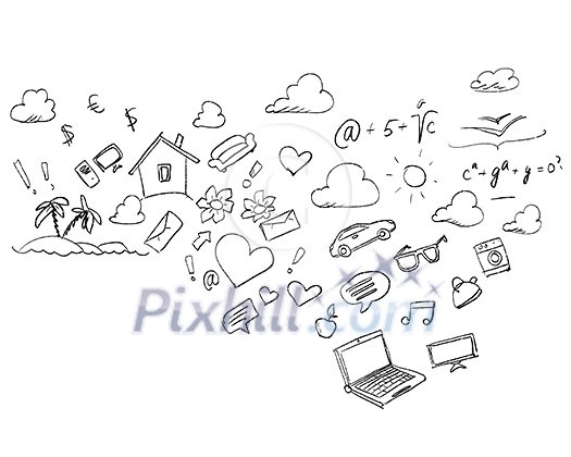 Conceptual sketch image with life concepts on white backdrop Conceptual sketch image with life concepts on white backdrop