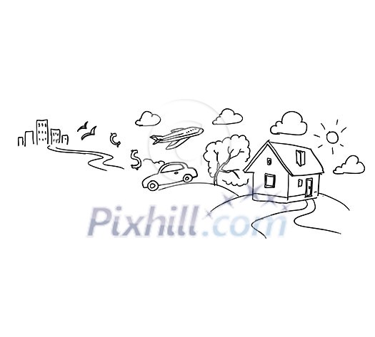 Conceptual sketch image with life concepts on white backdrop Conceptual sketch image with life concepts on white backdrop