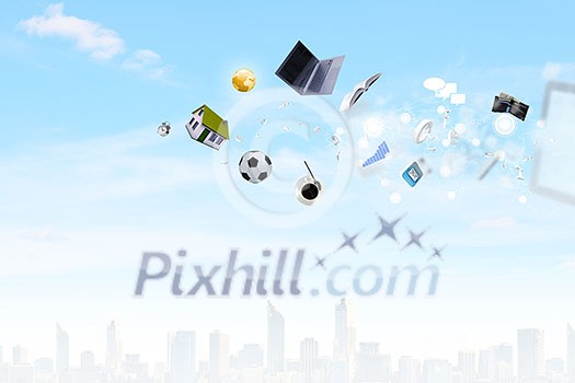 Background image with flying icons against sky background Background image with flying icons against sky background