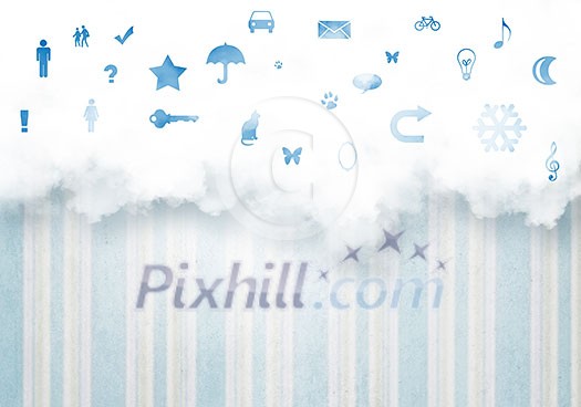 Background image with flying icons against sky background Background image with flying icons against sky background