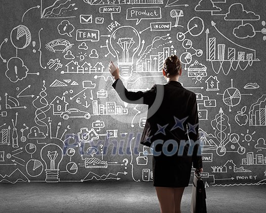 Rear view of businesswoman looking at business sketches on wall Rear view of businesswoman looking at business sketches on wall