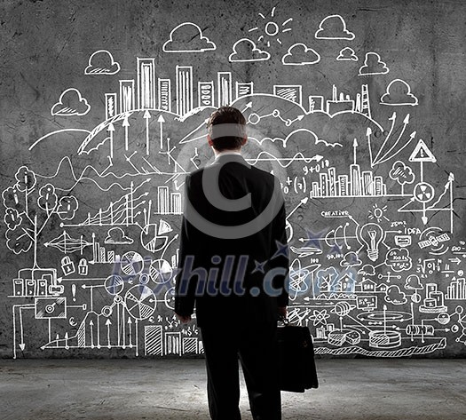 Rear view of businessman looking at chalk sketches on wall Rear view of businessman looking at chalk sketches on wall