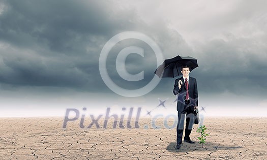 Young businessman with umbrella protecting sprout growing in desert Young businessman with umbrella protecting sprout growing in desert