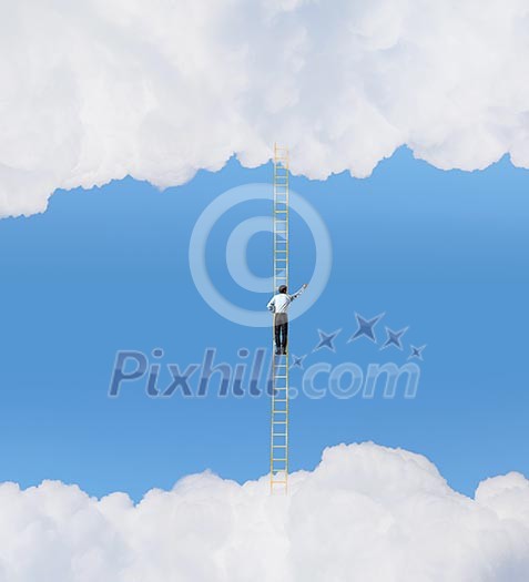 Businessman standing on ladder high in sky