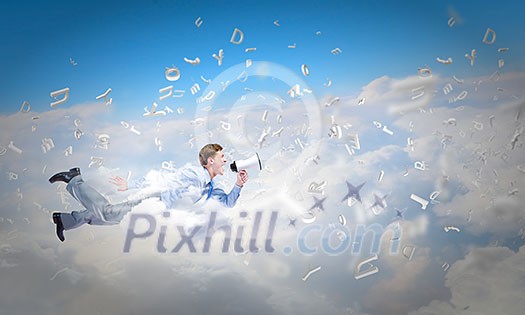 Young businessman flying in sky and playing fife Young businessman flying in sky and playing fife