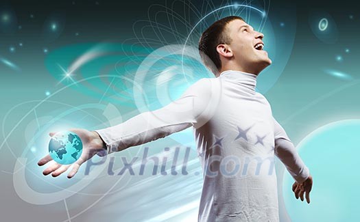 Man holding globe in hands. Futuristic concept Man holding globe in hands. Futuristic concept