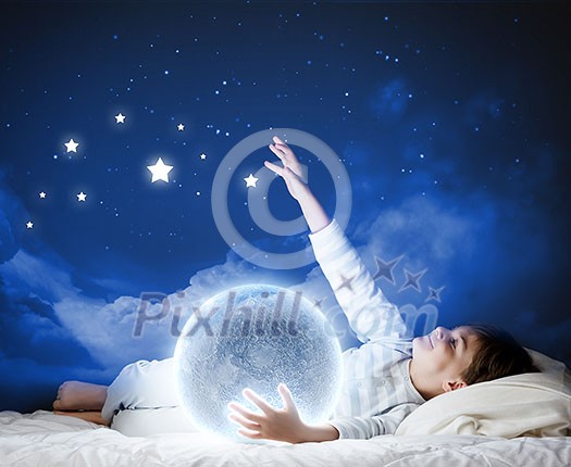 Cute boy sleeping in bed with moon Cute boy sleeping in bed with moon