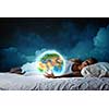 Cute girl sleeping in bed and looking at Earth planet. Elements of this image are furnished by NASA