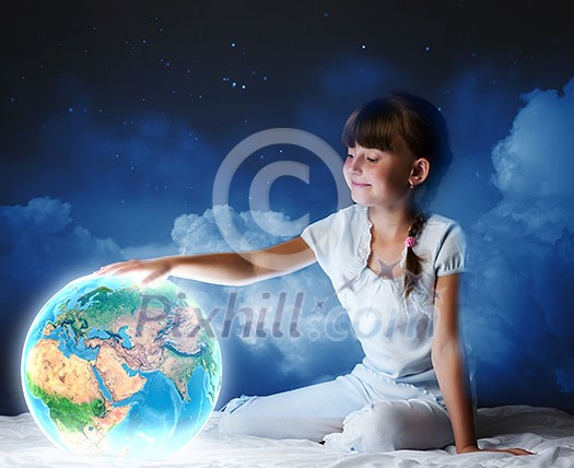 Cute girl sitting in bed and looking at Earth planet. Elements of this image are furnished by NASA