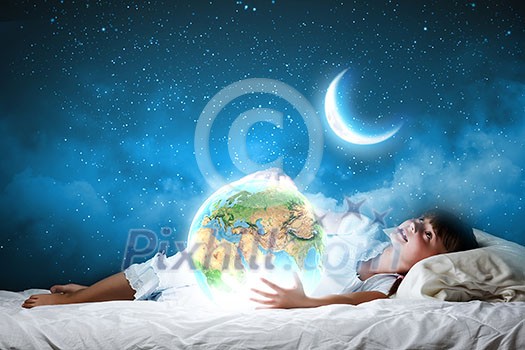 Cute girl sleeping in bed and looking at Earth planet. Elements of this image are furnished by NASA Cute girl sleeping in bed and looking at Earth planet. Elements of this image are furnished by NASA