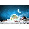 Cute girl sleeping in bed and looking at Earth planet. Elements of this image are furnished by NASA