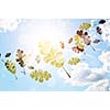 Conceptual image with colorful leaves flying in air