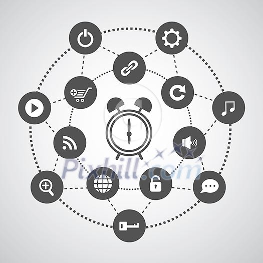 alarm clock and technology symbol set in circle diagram 