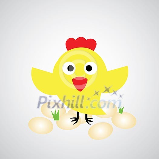 Cartoon hen with eggs on gray background 