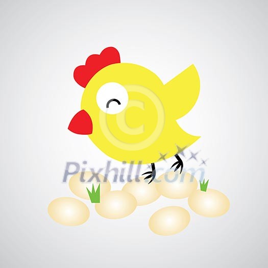Cartoon hen with eggs on gray background  