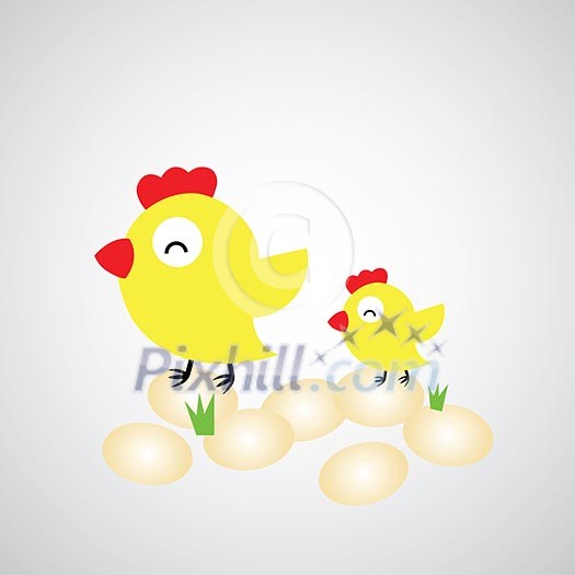 Cartoon hen with eggs on gray background  