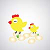 Cartoon hen with eggs on gray background  