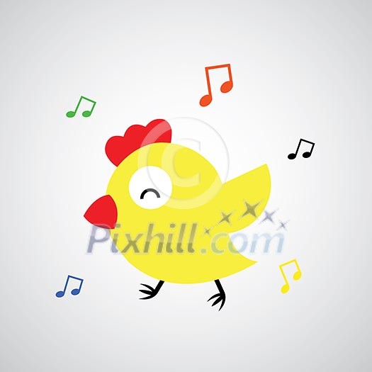 Cartoon hen with eggs on gray background 