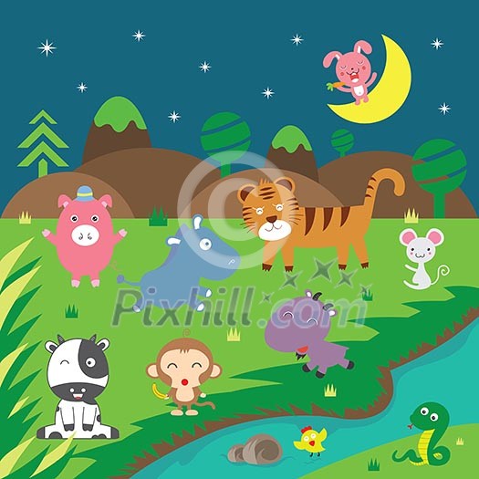 cute vector animals in forest  