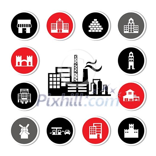 industrial factory and buildings vector icon set  
