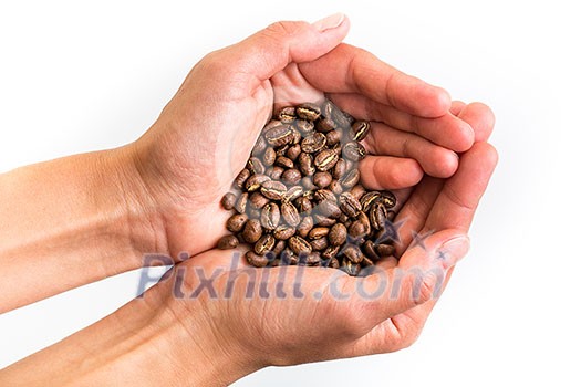 Young woman's hands holding coffee beans