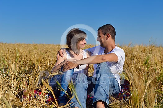 happy young couple in love have romance and fun at wheat field in summer happy young couple in love have romance and fun at wheat field in summer