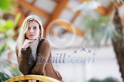 beautiful young woman student portrait while relax on coffee break beautiful young woman student portrait while relax on coffee break